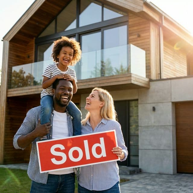 Happy family in front of their home
